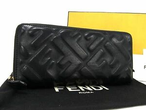 1円 ■美品■ FENDI フェンディ ズッカ柄 レザー ラウンドファスナー 長財布 ウォレット レディース メンズ ブラック系 AZ0838