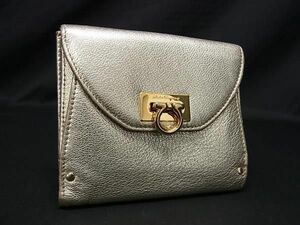 1円 Salvatore Ferragamo フェラガモ JL-22 4656 ガンチーニ レザー 二つ折り 財布 ウォレット レディース ゴールド系 AX2465