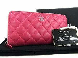 1円 CHANEL シャネル ココマーク マトラッセ ラムスキン ラウンドファスナー 長財布 ウォレット 小銭入れ 札入れ ピンク系 AZ0804