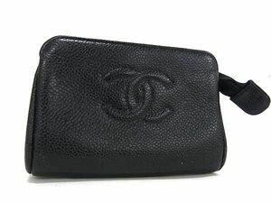 1円 ■美品■ CHANEL シャネル ココマーク キャビアスキン メイクポーチ マルチケース 小物入れ レディース ブラック系 AZ0771