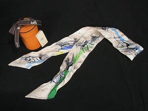 1円 ■美品■ HERMES エルメス SPACE DERBY【スペースダービー】シルク100% リボンスカーフ ツイリー アイボリー系×マルチカラー AT6059