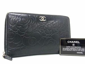 1円 CHANEL シャネル ココマーク カメリア レザー 長財布 ウォレット レディース ブラック系 AX3769