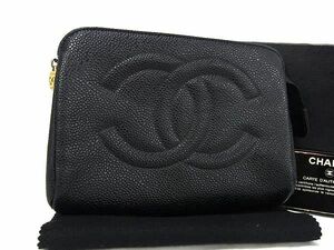 1円 ■美品■ CHANEL シャネル ココマーク キャビアスキン メイクポーチ マルチケース 小物入れ レディース ブラック系 AZ0783