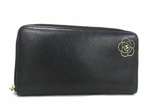 1円 ■美品■ CHANEL シャネル ココマーク バタフライカメリア レザー ラウンドファスナー 長財布 ウォレット ブラック系 CD0740