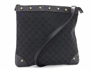 1円 ■美品■ GUCCI グッチ 120894 GG柄 GGキャンバス×レザー スタッズ クロスボディ ショルダーバッグ ブラック系 BG7605