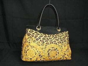 1円 GIANNI VERSACE ジャンニ ヴェルサーチ ナイロンキャンバス ヒョウ柄 ハンドバッグ トートバッグ レディース イエロー系 CC2136