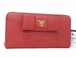 1円 ■美品■ PRADA プラダ 1ML506 サフィアーノレザー リボン ラウンドファスナー 長財布 ウォレット 小銭入れ 札入れ レッド系 AU3249