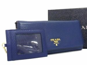 1円 ■美品■ PRADA プラダ 1MH132 レザー パスケース付き 二つ折り 長財布 ウォレット レディース ブルー系 AY1055