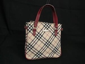 1円 ■美品■ BURBERRY バーバリーブルーレーベル キャンバス×レザー トート ハンドバッグ レディース ベージュ系×レッド系 FA1870