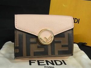 1円 ■新品■未使用■ FENDI フェンディ レザー 三つ折り 財布 ウォレット 小銭入れ 札入れ ピンクベージュ系×ブラウン系 AZ0773