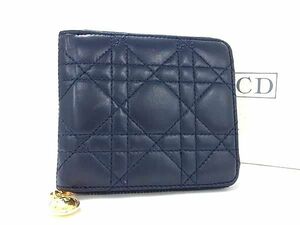 1円 ■極美品■ ChristianDior ディオール カナージュ レザー ラウンドファスナー 二つ折り 財布 ウォレット ネイビー系 BF5752