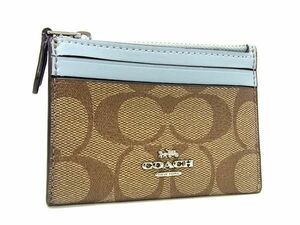 1円 COACH コーチ 88208 シグネチャー PVC×レザー コインケース コインパース 小銭入れ 定期入れ ブラウン系×ライトブルー系 AV7625