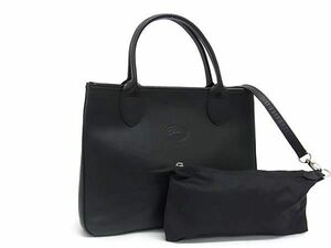 1円 ■美品■ LONGCHAMP ロンシャン レザー ポーチ付き ハンドバッグ トートバッグ レディース ブラック系 FA0333