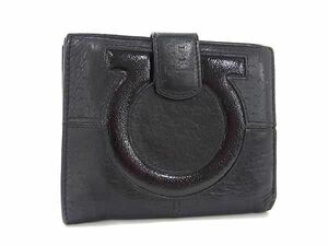 1円 ■美品■ Salvatore Ferragamo フェラガモ ガンチーニ レザー 二つ折り 財布 ウォレット 小銭入れ カード入れ ブラック系 AZ0976