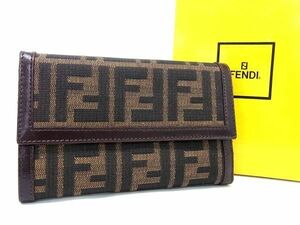 1円 ■美品■ FENDI フェンディ ズッカ柄 キャンバス×レザー 三つ折り 財布 ウォレット メンズ ブラウン系×ブラック系 AV7988