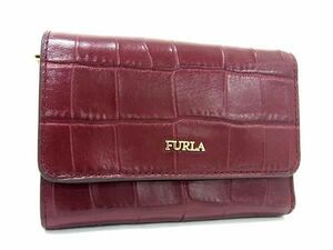 1円 ■美品■ FURLA フルラ クロコダイル型押しレザー 二つ折り 財布 ウォレット 札入れ 小銭入れ レディース ボルドー系 BF6518