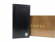 1円 GUCCI グッチ クレスト レザー 二つ折り 長財布 ウォレット 札入れ カード入れ メンズ ブラック系 AX4374_画像1