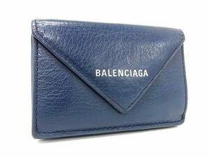 1円 ■美品■ BALENCIAGA バレンシアガ 391446 ペーパーミニ レザー 三つ折り 財布 ウォレット レディース メンズ ネイビー系 AX4377