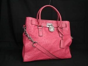 1円 ■美品■ MICHAEL KORS マイケルコース オーストリッチ型押しレザー 2WAY チェーン トートバッグ ショルダー 肩掛け ピンク系 FA1813