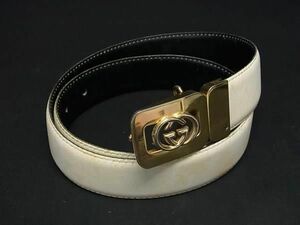 1円 GUCCI グッチ インターロッキングG レザー ゴールド金具 ベルト レディース アイボリー系 AV6898