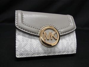 1円 ■美品■ MICHAEL KORS マイケルコース MK柄 PVC×レザー 三つ折り 財布 ミニウォレット 小銭入れ ホワイト系×グレー系 AV7674