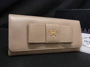 1円 PRADA プラダ 1M1132 サフィアーノレザー リボン 二つ折り 長財布 ウォレット レディース ベージュ系 AV8517