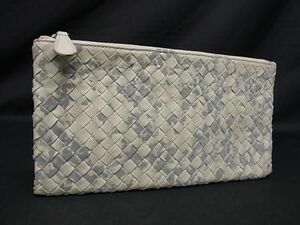 1円 ■美品■ BOTTEGA VENETA ボッテガヴェネタ イントレチャート レザー ポーチ マルチケース 小物入れ アイボリー系×グレー系 AV8153