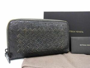 1円 ■極上■本物■ BOTTEGA VENETA ボッテガヴェネタ イントレチャート オーストリッチ ラウンドファスナー 長財布 カーキ系 AV9393