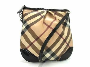 1円 BURBERRY バーバリー PVC×パテントレザー チェック柄 クロスボディ ショルダーバッグ レディース ベージュ系×ブラック系 AV6517