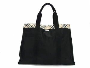 1円 ■美品■ BURBERRY バーバリー ナイロン チェック柄 トートバッグ ショルダー 肩掛け ブラック系×ベージュ系 AV7572