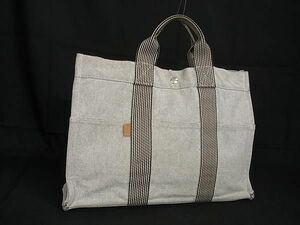 1円 HERMES エルメス ニューフールトゥMM キャンバス シルバー金具 ハンドバッグ トートバッグ メンズ レディース ライトグレー系 CD1460