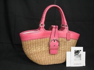 1円 ■美品■ COACH コーチ 6271 ストロー×レザー カゴバッグ ハンドバッグ トートバッグ レディース ベージュ系×ピンク系 DA8144