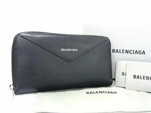 1円 ■美品■ BALENCIAGA バレンシアガ 504547 ペーパーコンチネンタル レザー ラウンドファスナー 長財布 ウォレット ブラック系 AV8260