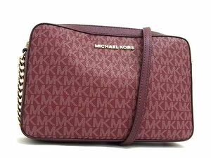 1円 ■極美品■ MICHAEL KORS マイケルコース MK柄 PVC×レザー チェーン クロスボディ ショルダーバッグ 斜め掛け ボルドー系 FA1546