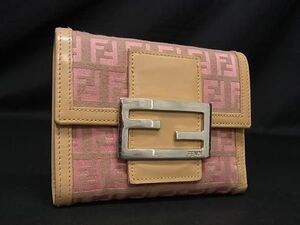 1円 FENDI フェンディ ズッカ柄 ズッキーノ キャンバス 三つ折り 財布 ウォレット 札入れ 小銭入れ カード入れ ベージュ系 AV8580