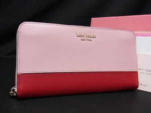 1円 ■美品■ kate spade ケイトスペード PWRU7848 レザー ラウンドファスナー 長財布 ウォレット レディース ピンク系×レッド系 AX4200