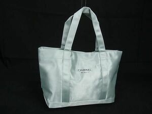 1円 ■美品■ CHANEL シャネル ビューティー ロゴ サテン トートバッグ ハンドバッグ レディース ライトブルー系 FA1460