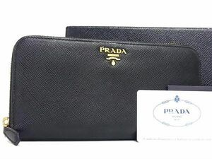 1円 ■美品■ PRADA プラダ 1ML506 サフィアーノレザー ラウンドファスナー 長財布 ウォレット メンズ レディース ブラック系 AZ0733