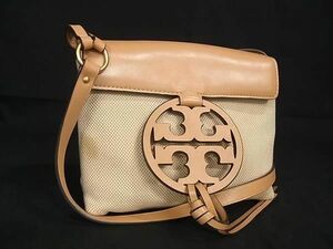 1円 ■美品■ TORY BURCH トリーバーチ キャンバス×レザー クロスボディ ショルダーバッグ レディース ライトブラウン系 FA1419