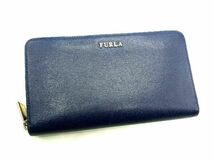 ■美品■ FURLA フルラ レザー ラウンドファスナー 長財布 ウォレット レディース ネイビー系 DE1317_画像1