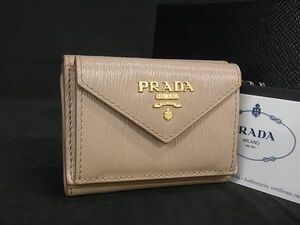 1円 PRADA プラダ レザー コンパクト 三つ折り 財布 ウォレット 小銭入れ 札入れ レディース ベージュ系 AV9288