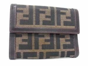 1円 FENDI フェンディ ズッカ柄 ナイロンキャンバス×レザー 三つ折り 財布 ウォレット 札入れ 小銭入れ ブラウン系 AY1087