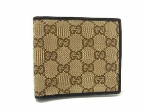 1円 GUCCI グッチ GGキャンバス×レザー 二つ折り 財布 ウォレット 札入れ 小銭入れ 紳士 メンズ ベージュ系×ブラウン系 AV8220