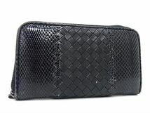 1円■極上■本物■ BOTTEGA VENETA ボッテガヴェネタ イントレチャート アイヤーズ パイソン×レザー 二つ折り 長財布 ブラック系 AX4464_画像1