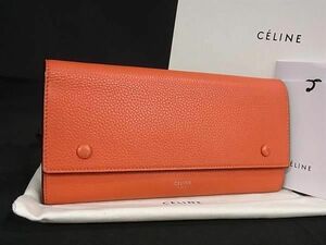 1円 ■美品■ CELINE セリーヌ ラージフラップ マルチファンクションレザー 二つ折り 長財布 ウォレット レディース オレンジ系 AX5291