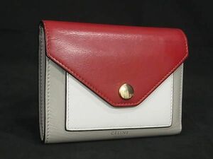 1円 ■美品■ CELINE セリーヌ レザー 三つ折り 財布 ウォレット レディース レッド系×グレー系 FA2614