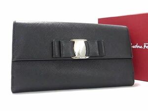 1円 ■美品■ Salvatore Ferragamo フェラガモ ヴァラリボン レザー 二つ折り 長財布 ウォレット レディース ブラック系 FA2677