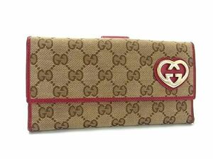 1円 GUCCI グッチ 245723 ラブリーハート GG柄 GGキャンバス×レザー 二つ折り 長財布 ウォレット ブラウン系×レッド系 FA2608