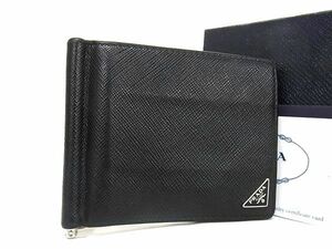 1円 ■美品■ PRADA プラダ 2MN077 サフィアーノレザー 二つ折り 財布 ウォレット カード入れ メンズ ブラック系 FA2962