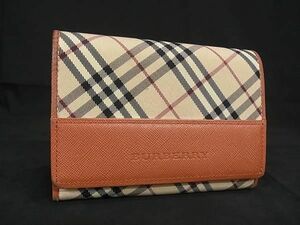 1円 ■美品■ BURBERRY バーバリー ナイロンキャンバス×レザー チェック柄 二つ折り 財布 ウォレット レディース ベージュ系 DA6586